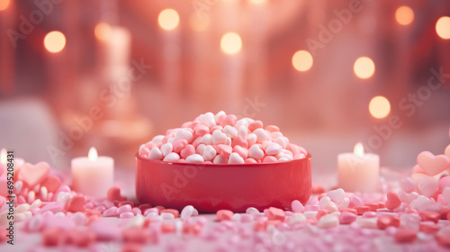 Mockup background with pink hearts, candle and petals on light background