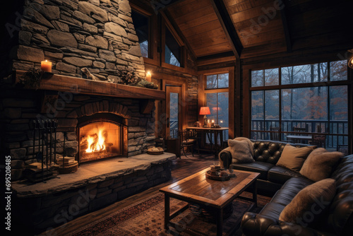 A cozy cabin living room with a stone fireplace  log furniture  and a bear skin rug