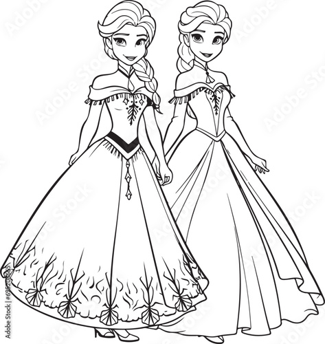 hand drawn doodle art of Anna and elsa coloring page illustration photo