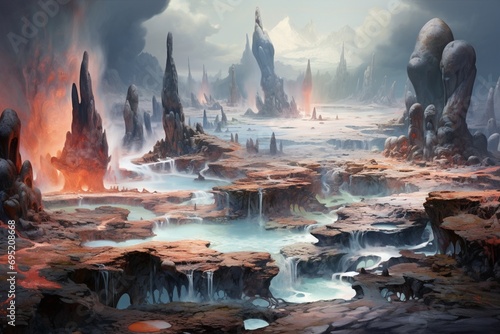 An otherworldly landscape of geysers and steam vents, surrounded by alien-like rock formations