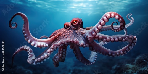 Octopus dances gracefully in the deep blue sea. © maniacvector