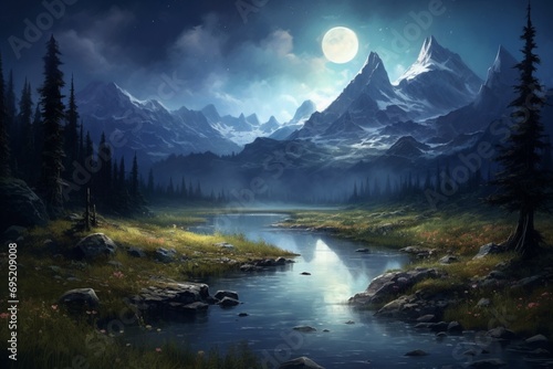 A tranquil meadow bathed in the soft glow of a full moon, surrounded by towering mountains