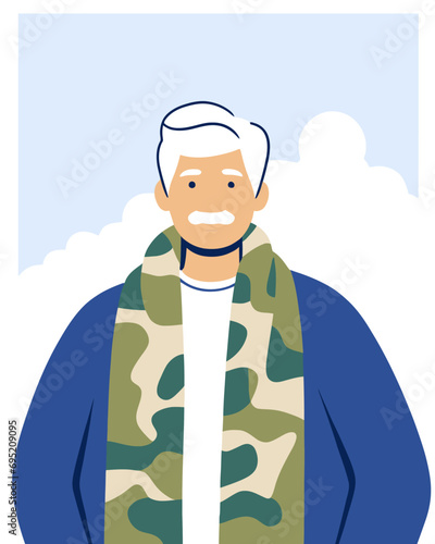 Portrait of an elderly gray-haired man with a mustache and a camouflage scarf. Flat vector illustration.