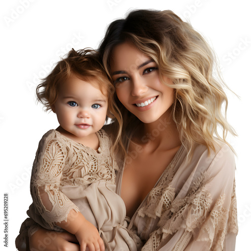Happy young woman with hugging cute baby, smiling as mother holding baby with love and care in studio isolated on transparent background Generative AI	