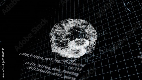Animation of brain network with blue mathematical formulae, geometry and algebra on black background photo