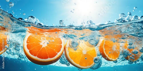 Bubbles cling to vibrant orange fruit submerged in a cool blue pool. photo
