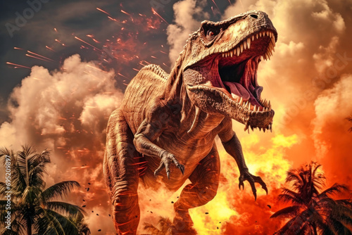 Tyrannosaurus T-rex  dinosaur on smoke and fire background. Dinosaur in the ancient jungle. Primordial monster.