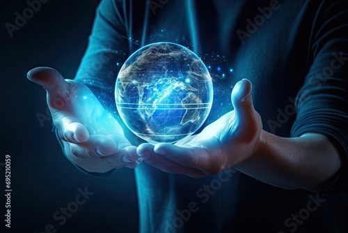 Global connectivity. Concept of global business and connectivity. Businessman is holding digital representation of earth in hand symbolizing of people businesses and information across world