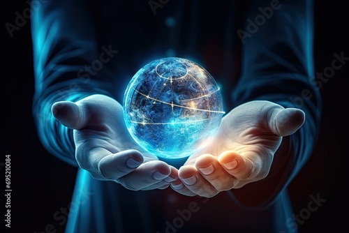 Global connectivity. Concept of global business and connectivity. Businessman is holding digital representation of earth in hand symbolizing of people businesses and information across world