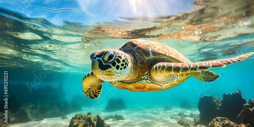 green turtle swimming,Serene Green Turtle Swimming in Clear Waters © Hijab