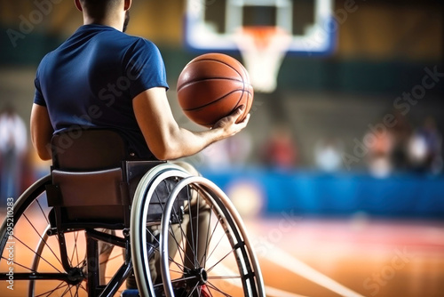 Disabled man in a wheelchair with a basketball. Basketball court. Sports for people with disabilities. Active life. © Anoo
