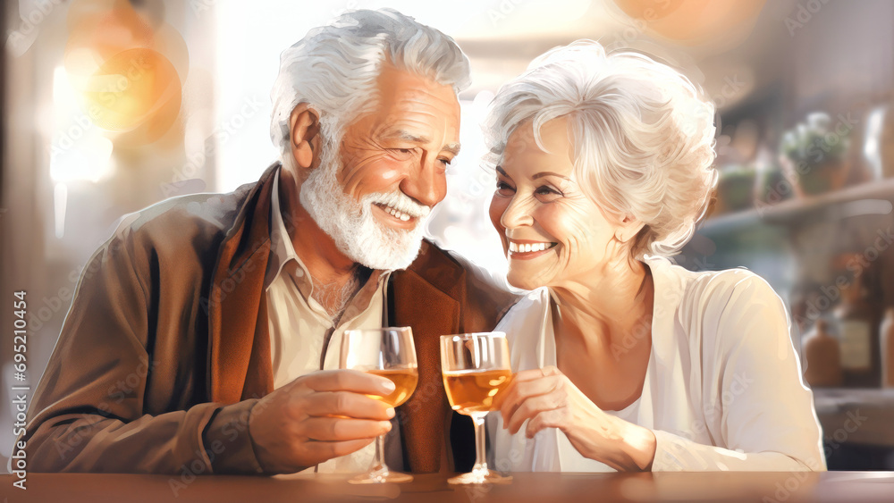 Elderly couple in love relaxing, talking and drinking glasses together in a bar or pub. Concept of an elderly retired couple.