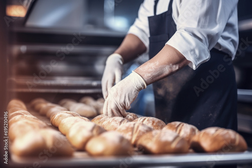 A worker in a bakery puts bread in the oven. Bread production enterprise. Bakery. Close-up.