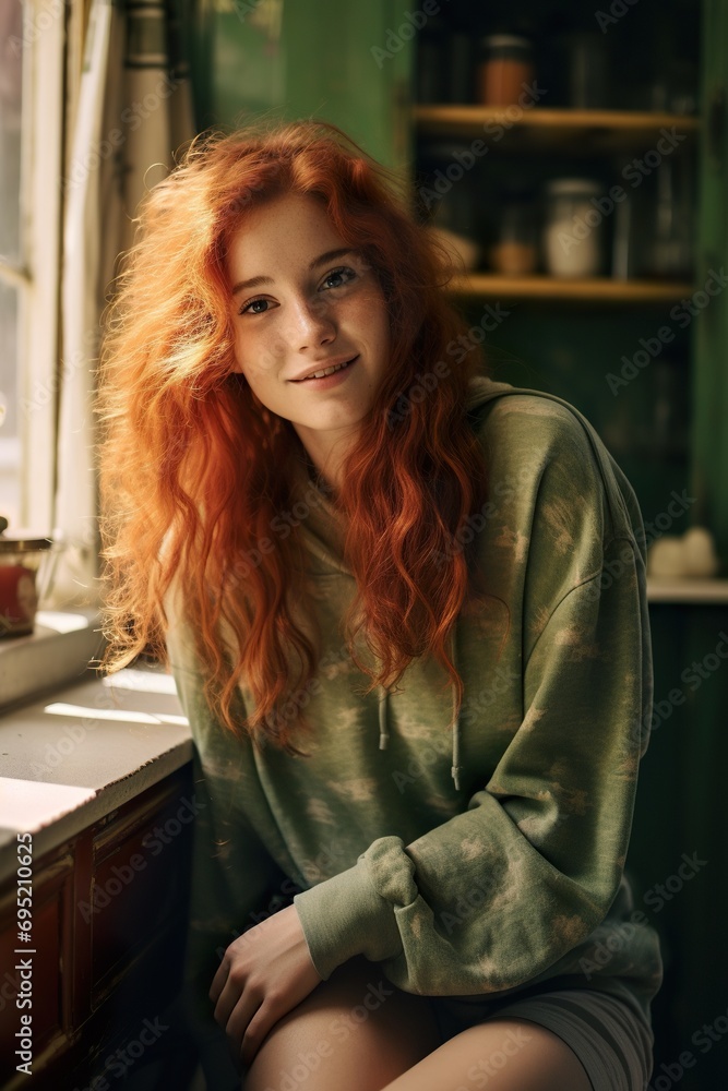 beautiful young red-haired girl sitting in her home beautiful young red-haired girl sitting in her home