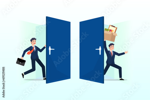 Businessman new hire entering office while other resigned for new job, staff turnover or job rotation in people management, human resources to manage to recruit new people for replacement (Vector)