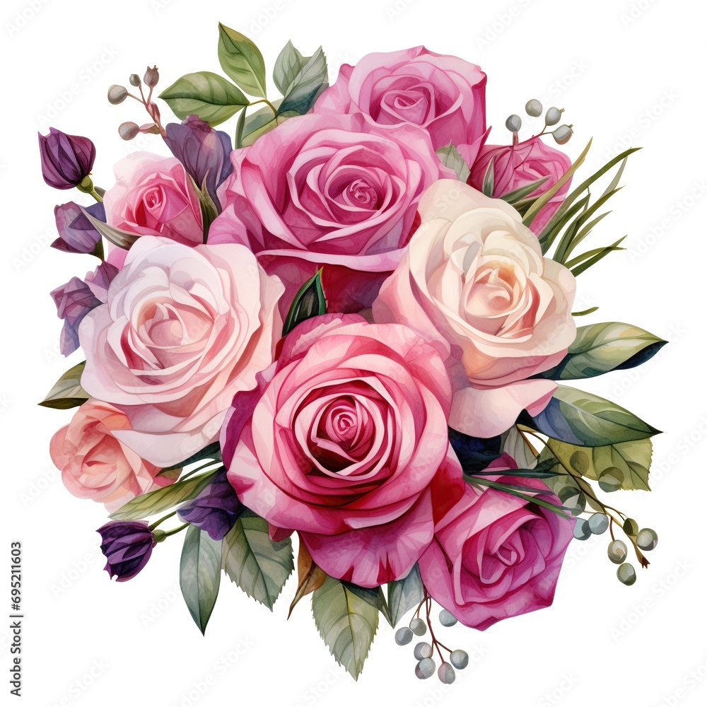 A stunning bouquet of pink roses, bursting with fresh blooms and lush green foliage A stunning bouquet of pink roses, bursting with fresh blooms and lush green foliage