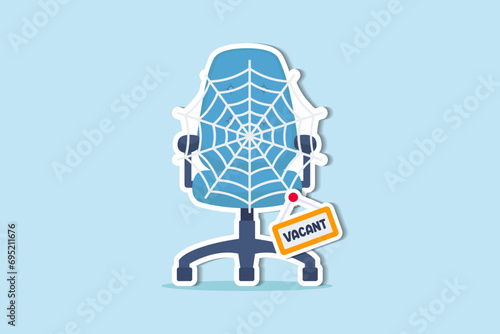 Labor shortage, worker needed not enough skill staff to fill in job vacancy, help wanted or employment demand concept, office chair with sign vacant covered by spider web metaphor of labor shortage.