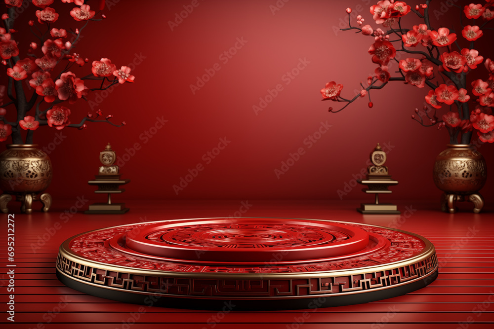 Chinese red empty ceramics plate on the wood floor with flowers decoration and red background.