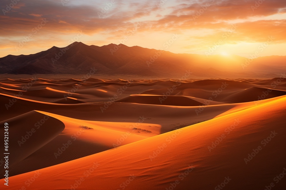 A mesmerizing play of light and shadow on a vast desert, as the sun sets behind a distant mountain range