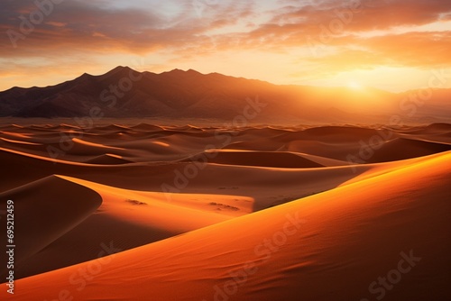 A mesmerizing play of light and shadow on a vast desert  as the sun sets behind a distant mountain range