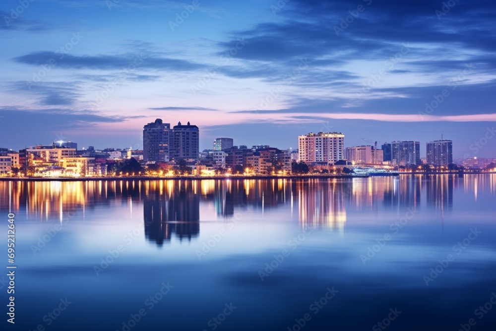 Fototapeta premium Vibrant reflections of a cityscape in the calm waters of a river during the magical blue hour