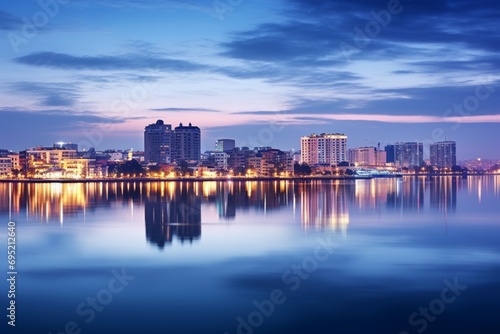 Vibrant reflections of a cityscape in the calm waters of a river during the magical blue hour