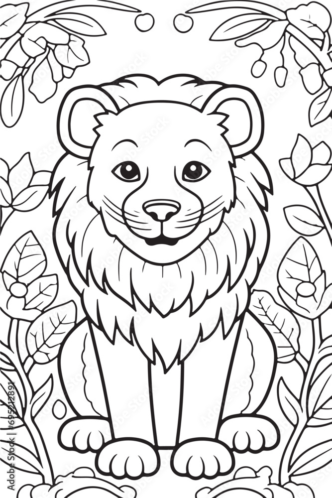 Obraz premium cute lion hand drawn coloring page illustration