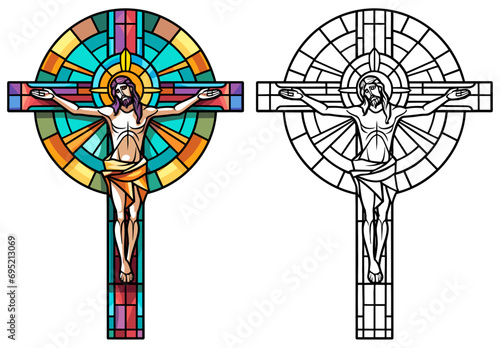 Crucifix with Presents Coloring Page and Cover Design Vector in Stained Glass Style on a White Background