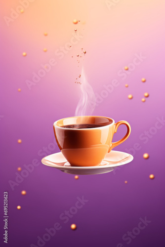 Cup of coffee levitationg on purple background