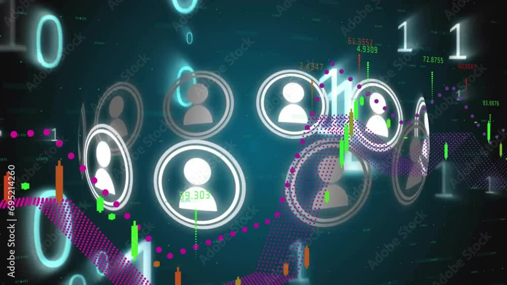 Animation of people icons, binary coding data processing over dark background Animation of people icons, binary coding data processing over dark background