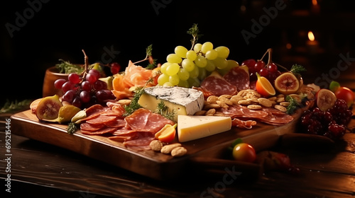 Charcuterie board with delicious appetizers, including grapes, cheese and meat varieties.