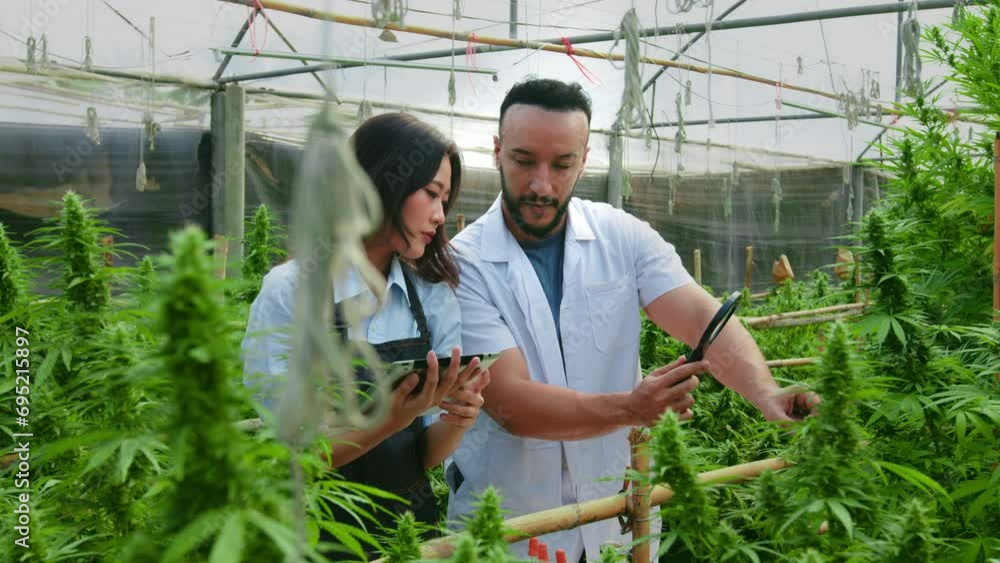 Farmer and scientists researching Cannabis plant for use in medicine Farmer and scientists researching Cannabis plant for use in medicine
