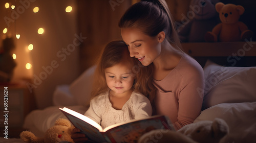 Mother and child reading a book at bedtime.