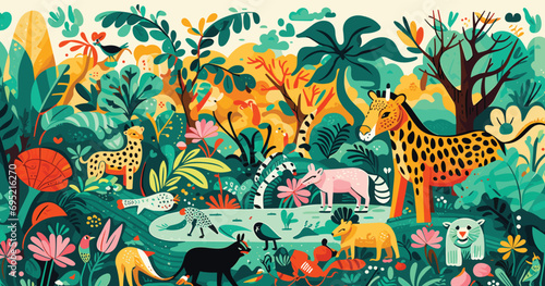 vector illustration depicting a wild jungle adventure populated by doodle animals, plants, and explorers, playful jungle setting © J.V.G. Ransika