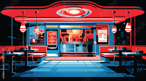 Retro Vector detailed vector image of a classic 1950s diner with neon signs, jukeboxes, and vintage booths. reds, blues, and chrome-like silvers.