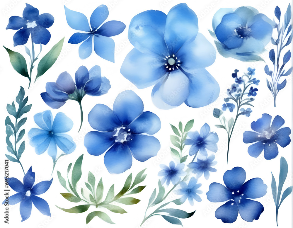 Fototapeta premium Colorful flowers painted with watercolors on a white background.
