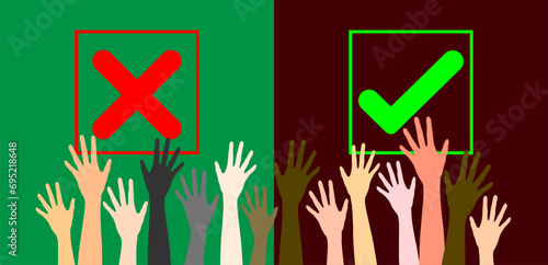 Conflict of two group of people chooses between the right or wrong sign. Choices and decisions, thinking and logic, making the right choices and decisions, Opposition concept.