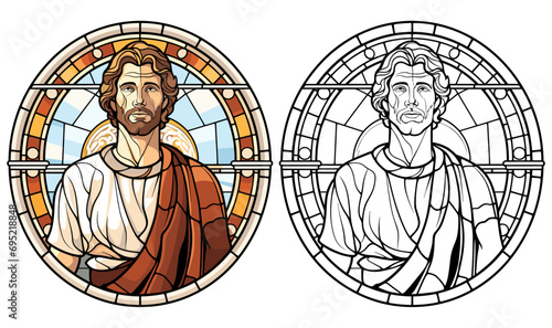 Handsome Roman Man in Toga Stained Glass Style with Presents Coloring Page and Cover Design on a White Background