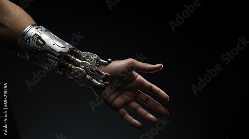 Robot hand for artificial intelligence technology on a dark background. Created with Generative AI