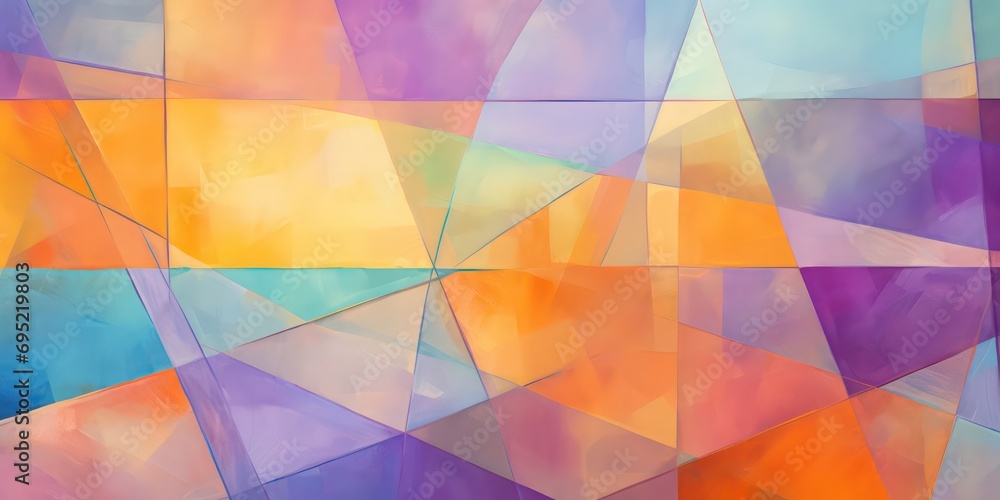 A modern abstract background in a palette of purple, orange, gold, yellow, and mint, characterized by the presence of geometric line shapes for a dynamic and contemporary feel. - obrazy, fototapety, plakaty 