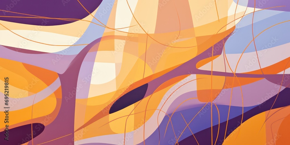 A modern abstract background in a palette of purple, orange, gold, yellow, and mint, characterized by the presence of geometric line shapes for a dynamic and contemporary feel. - obrazy, fototapety, plakaty 
