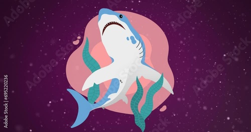Animation of shark and water plant over particles on dark background photo
