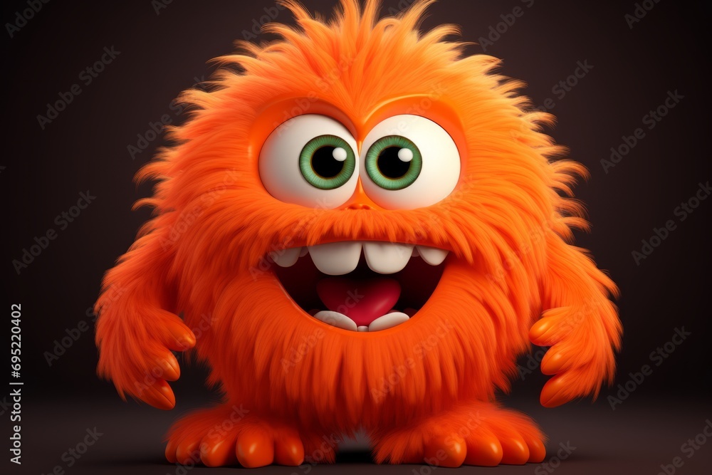 Fototapeta premium Cute orange furry monster 3D cartoon character