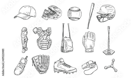 baseball equipment handdrawn collection