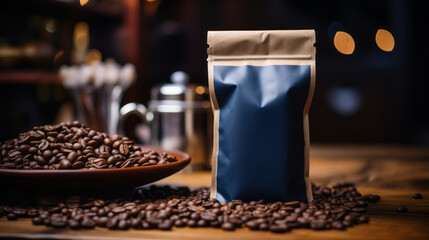 A Dark Blue coffee paper bag packaging mockup with spilled coffee beans on a coffee table, a mockup in Photoshop and Photoshop Elements, a mockup in PSD, a mockup for marketing, a mockup for packaging