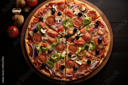 A pizza with assorted toppings.
