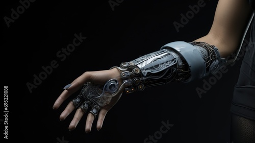 Robot hand for artificial intelligence technology on a dark background. Created with Generative AI