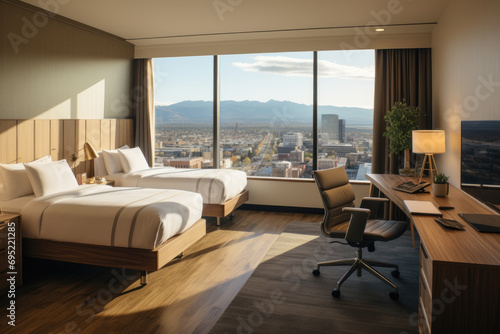 A hotel guest room with twin beds  a work desk  and a city view