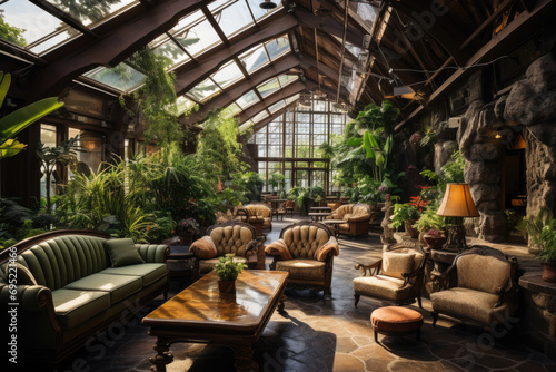 A hotel indoor atrium with a glass roof, lush plants, and a relaxing seating area