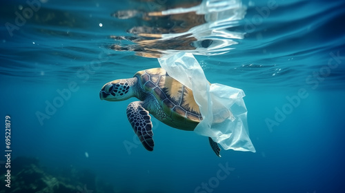 海洋プラスチックとウミガメのイメージ photo